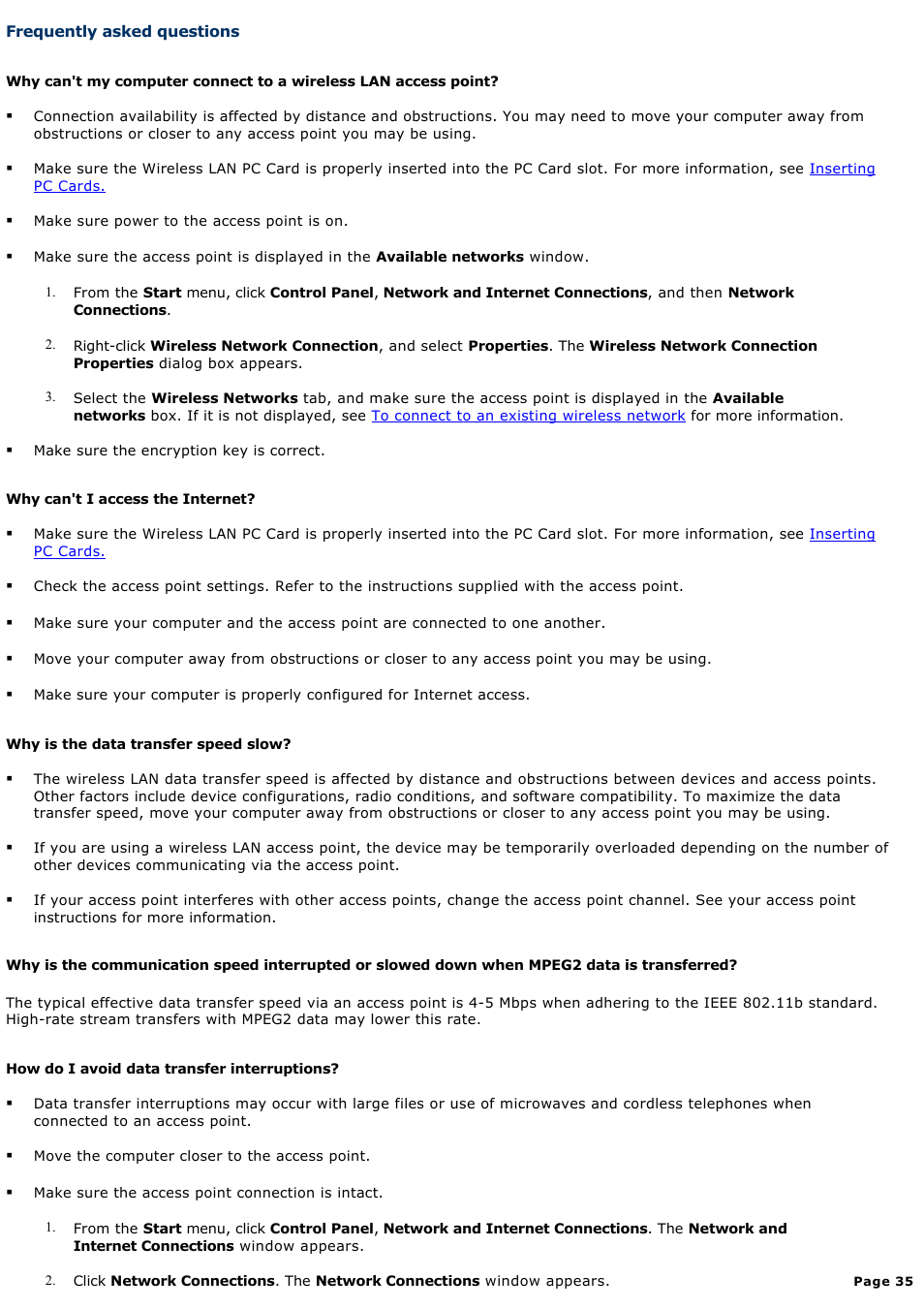 Frequently asked questions | Sony PCG-GRX690P User Manual | Page 35 / 194