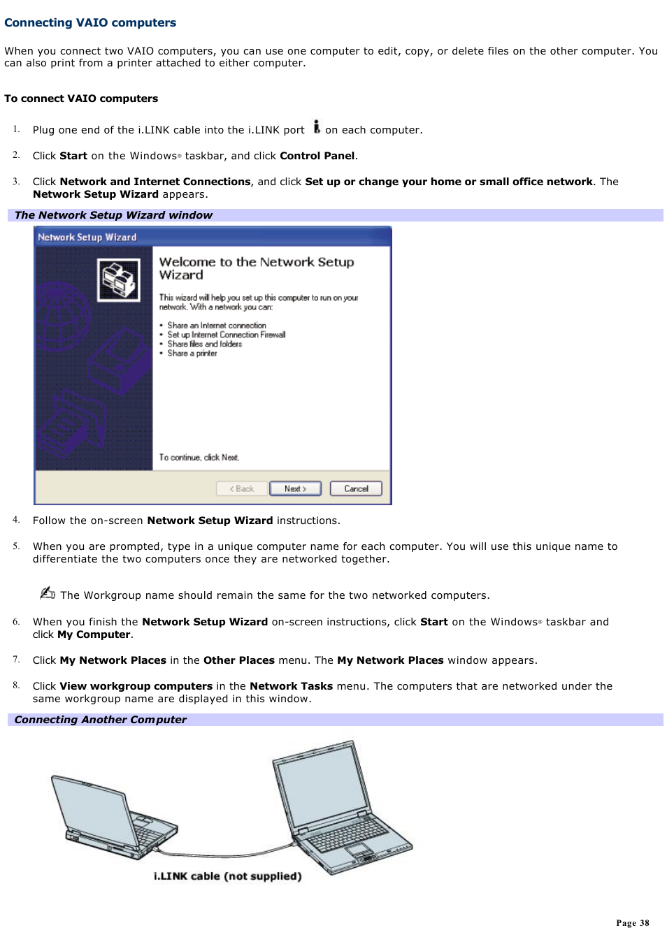 Connecting vaio computers | Sony PCG-GRX690P User Manual | Page 38 / 194