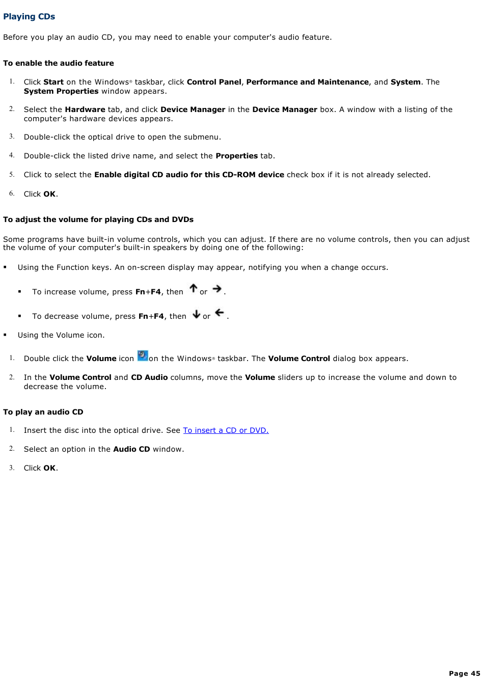 Playing cds | Sony PCG-GRX690P User Manual | Page 45 / 194