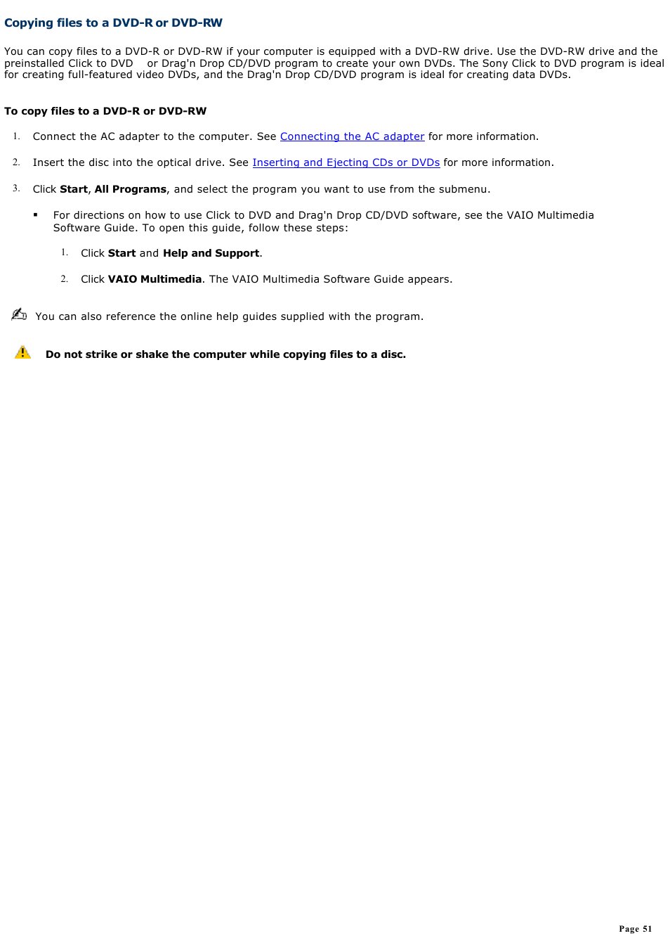 Copying files to a dvd-r or dvd-rw | Sony PCG-GRX690P User Manual | Page 51 / 194