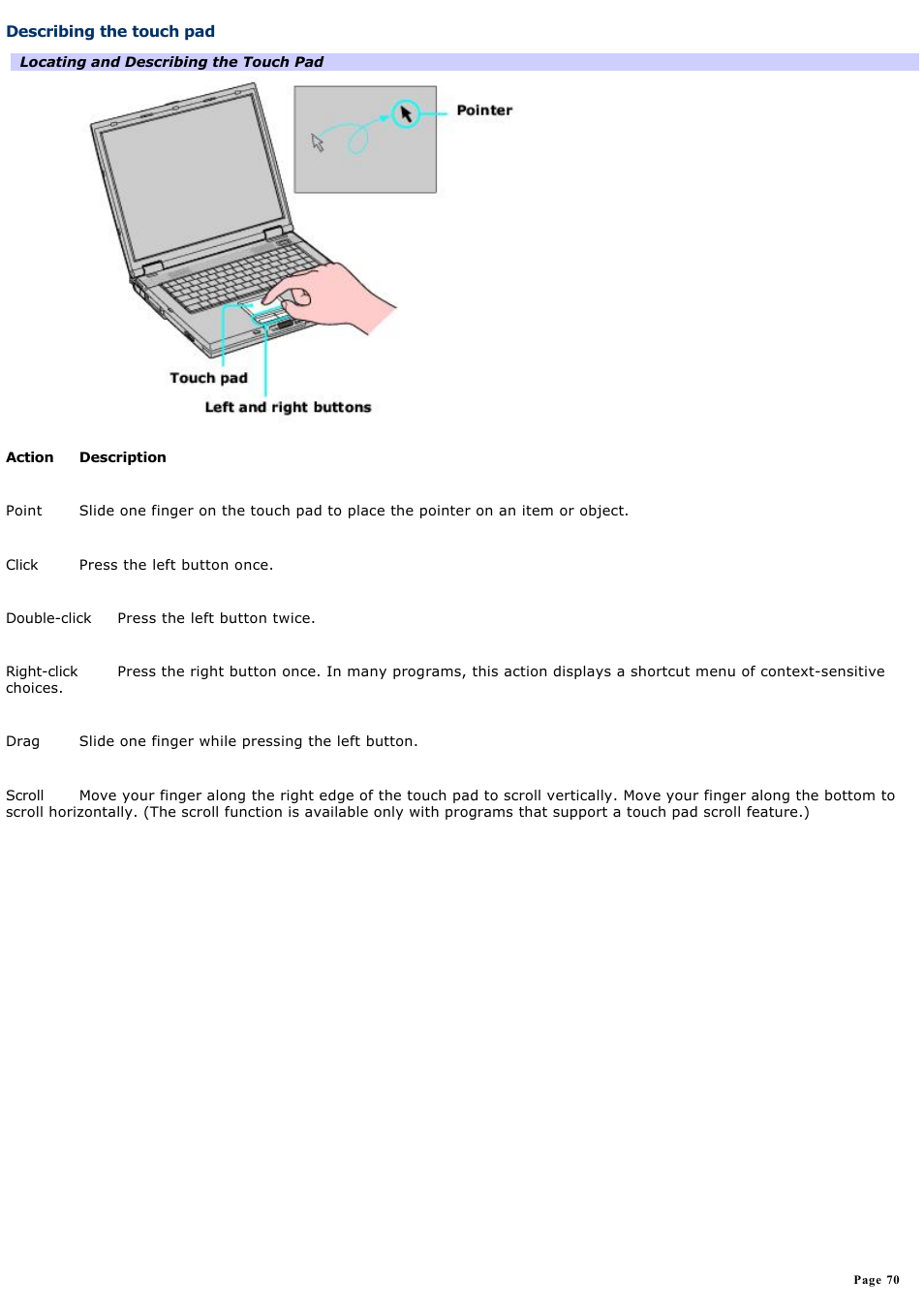 Describing the touch pad | Sony PCG-GRX690P User Manual | Page 70 / 194