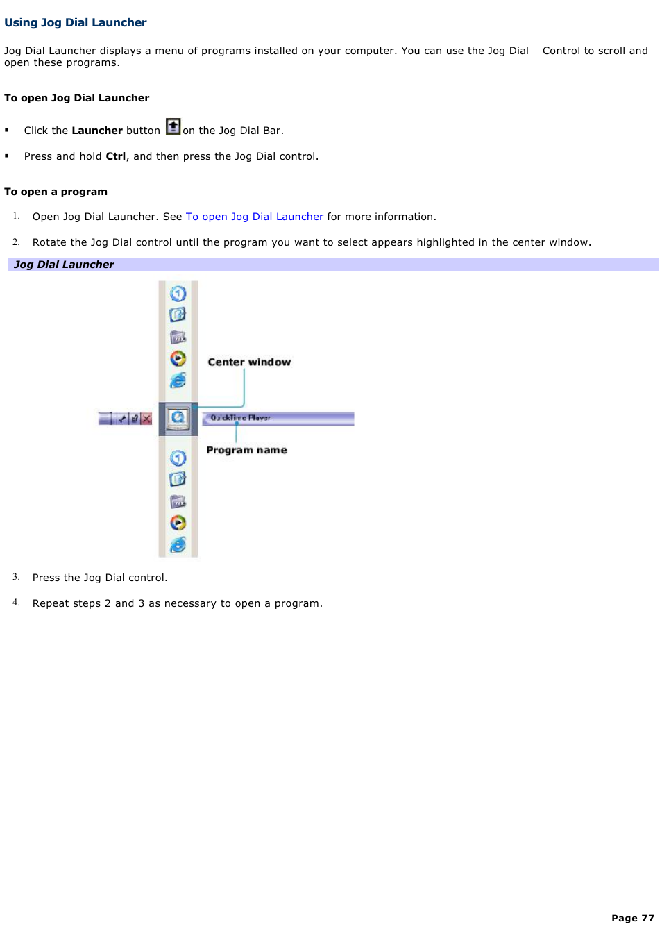 Using jog dial launcher | Sony PCG-GRX690P User Manual | Page 77 / 194