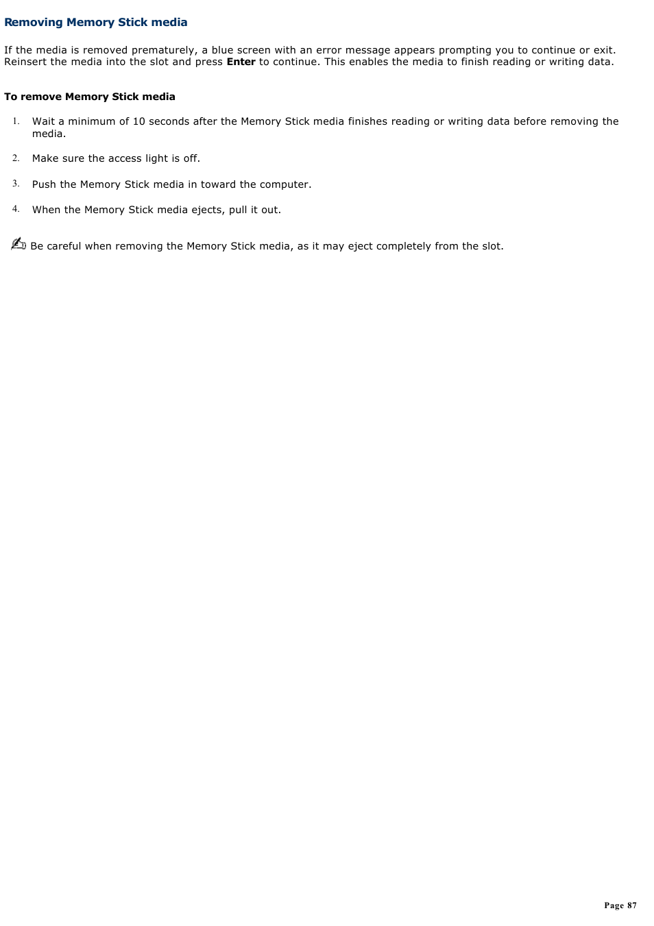 Removing memory stick media | Sony PCG-GRX690P User Manual | Page 87 / 194