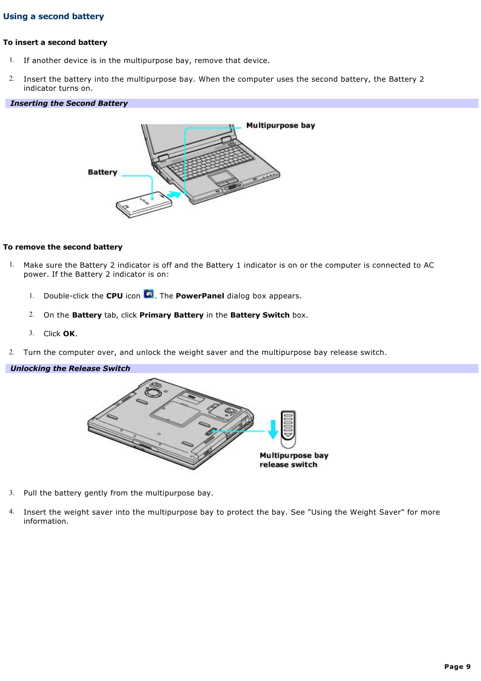 Using a second battery | Sony PCG-GRX690P User Manual | Page 9 / 194