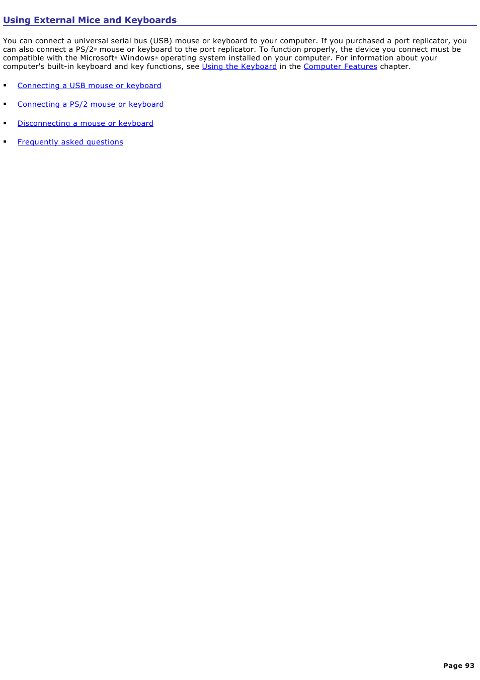 Using external mice and keyboards | Sony PCG-GRX690P User Manual | Page 93 / 194