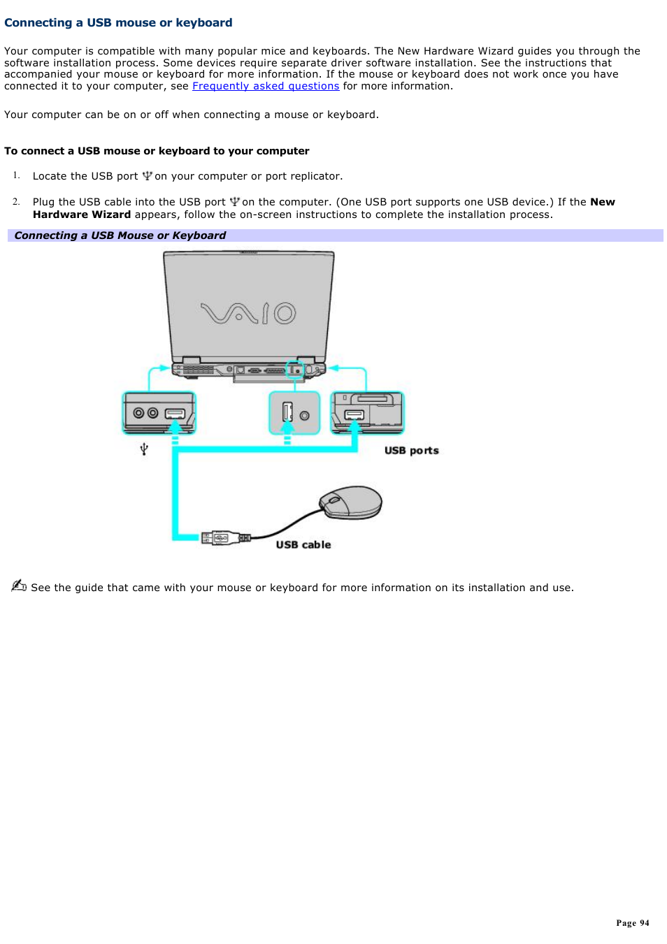 Connecting a usb mouse or keyboard | Sony PCG-GRX690P User Manual | Page 94 / 194