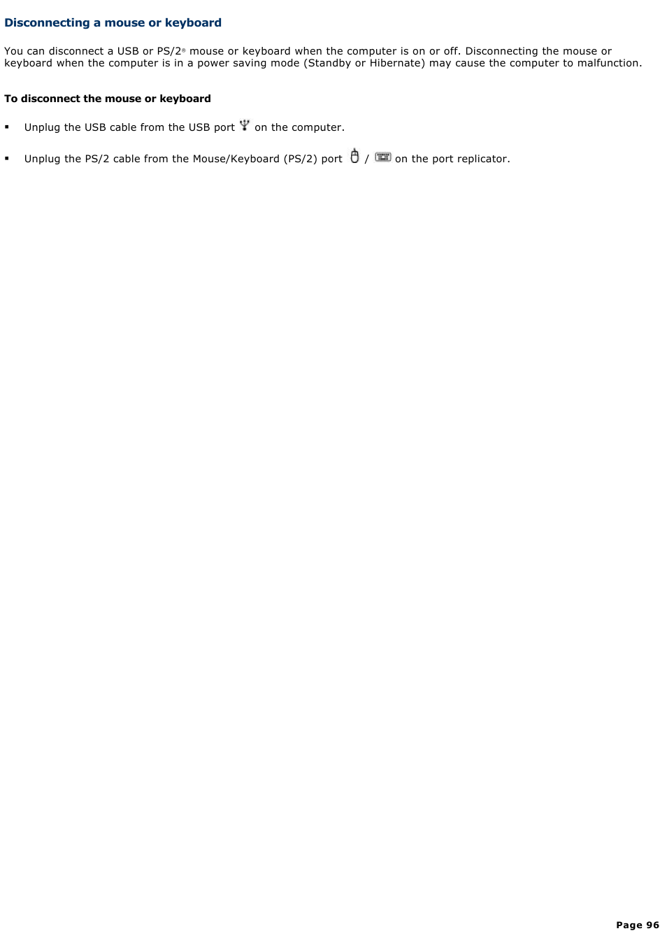 Disconnecting a mouse or keyboard | Sony PCG-GRX690P User Manual | Page 96 / 194