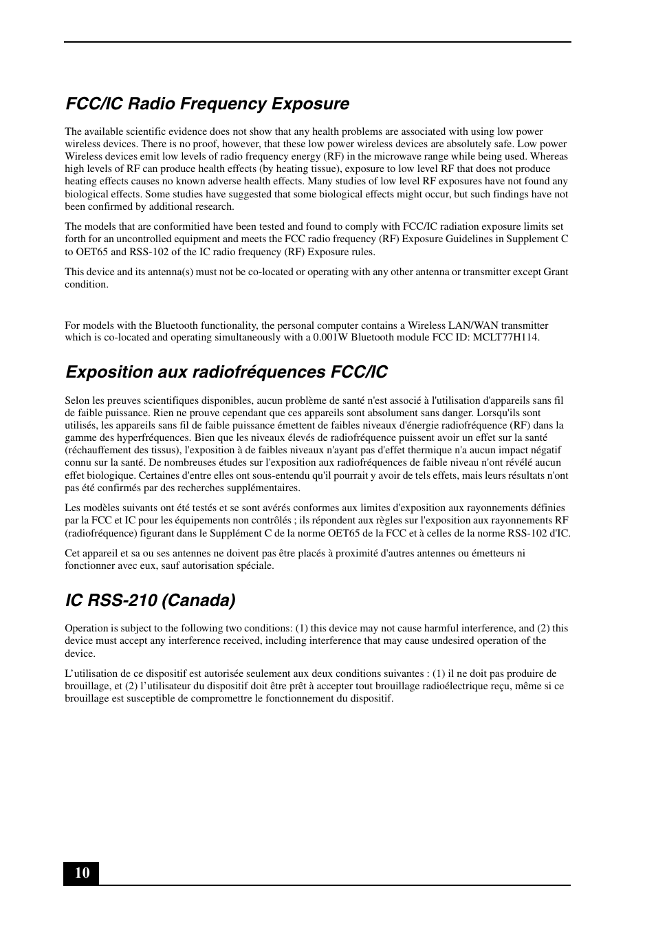 Fcc/ic radio frequency exposure, Exposition aux radiofréquences fcc/ic, Ic rss-210 (canada) | Sony VPCW211AX User Manual | Page 10 / 24