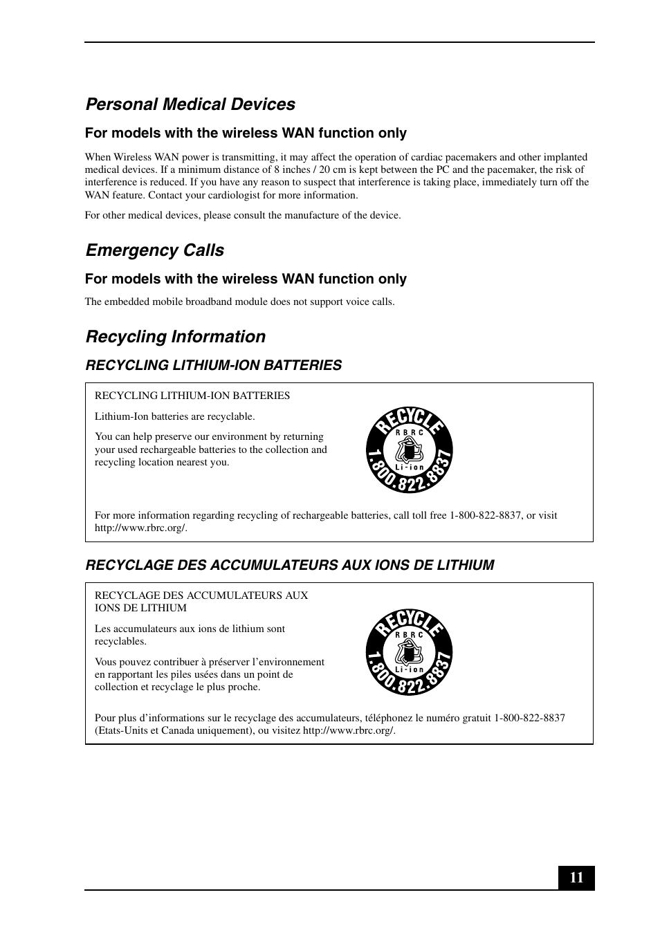 Personal medical devices, Emergency calls, Recycling information | Sony VPCW211AX User Manual | Page 11 / 24