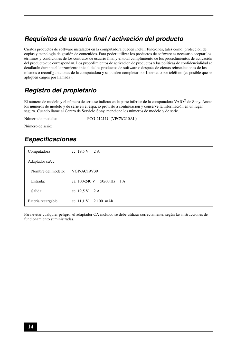 Registro del propietario, Especificaciones | Sony VPCW211AX User Manual | Page 14 / 24