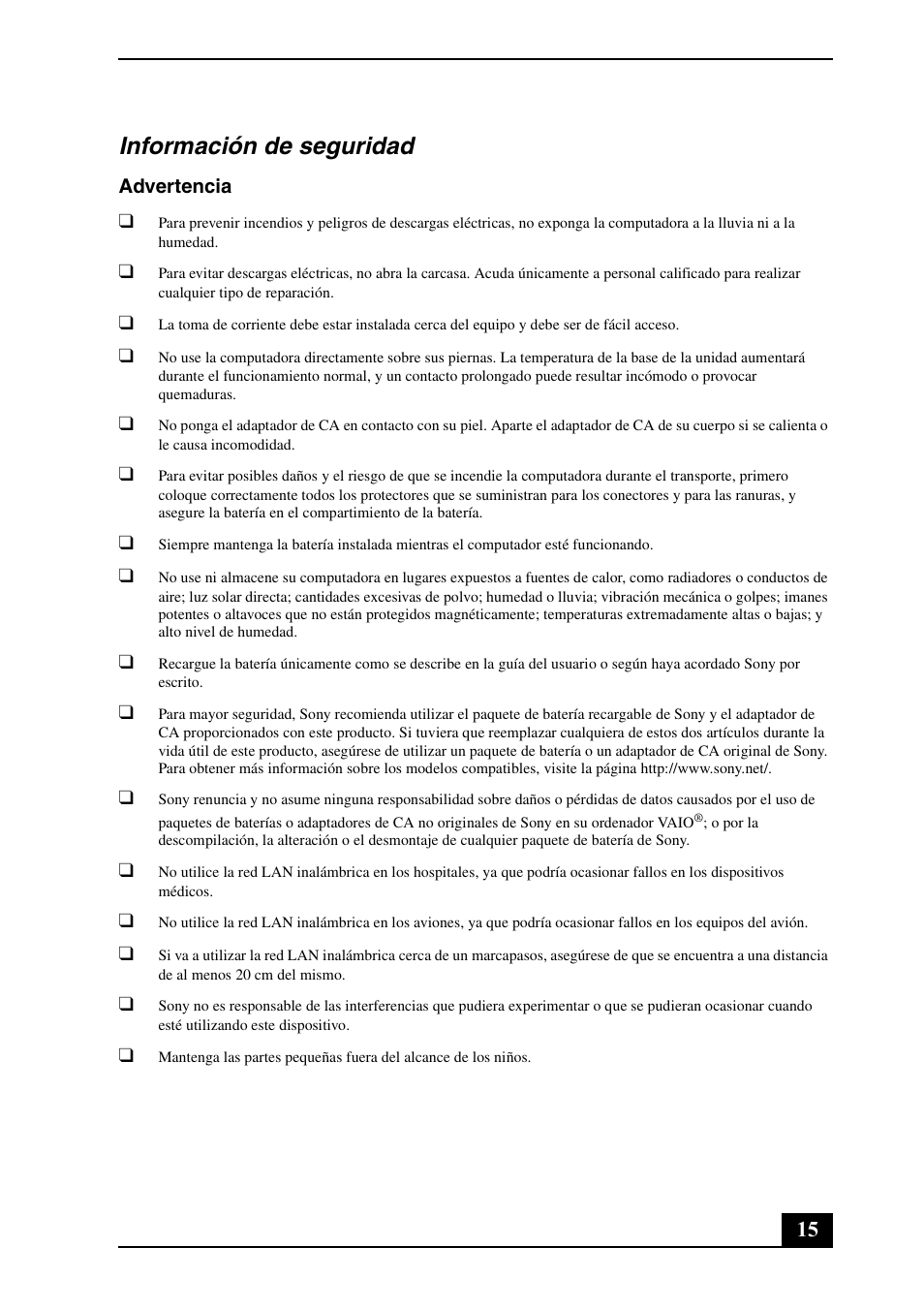 Información de seguridad | Sony VPCW211AX User Manual | Page 15 / 24