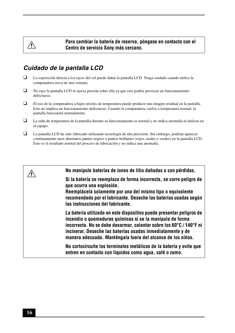 Cuidado de la pantalla lcd | Sony VPCW211AX User Manual | Page 16 / 24