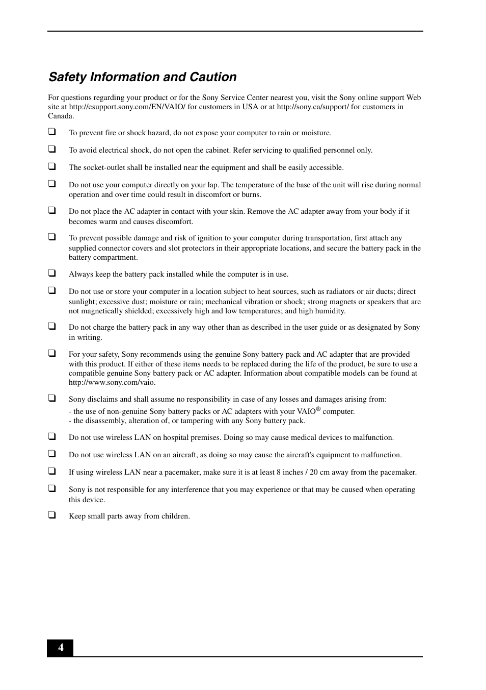Safety information and caution | Sony VPCW211AX User Manual | Page 4 / 24