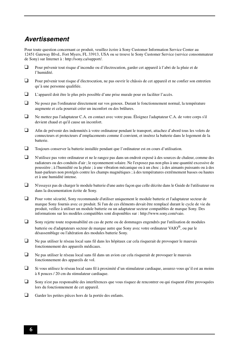 Avertissement | Sony VPCW211AX User Manual | Page 6 / 24