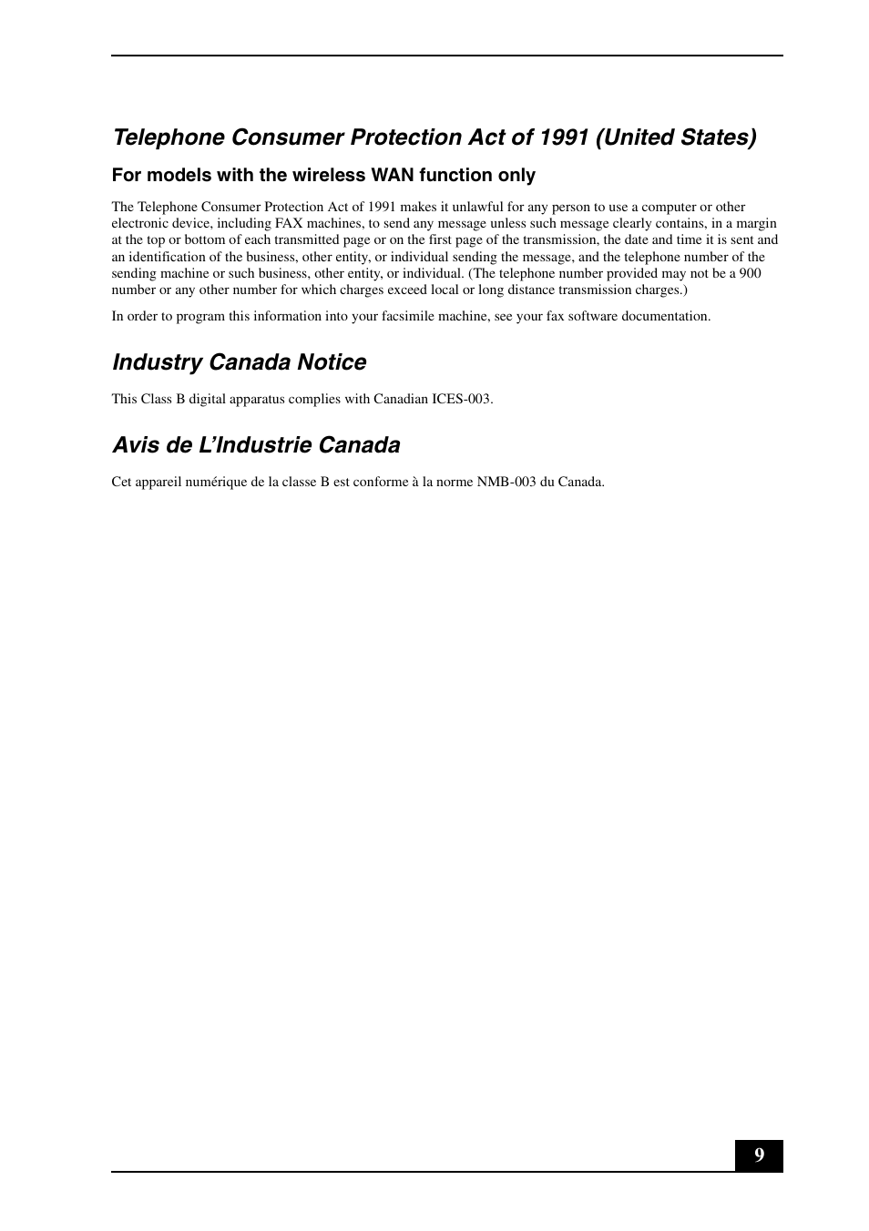 Industry canada notice, Avis de l’industrie canada | Sony VPCW211AX User Manual | Page 9 / 24