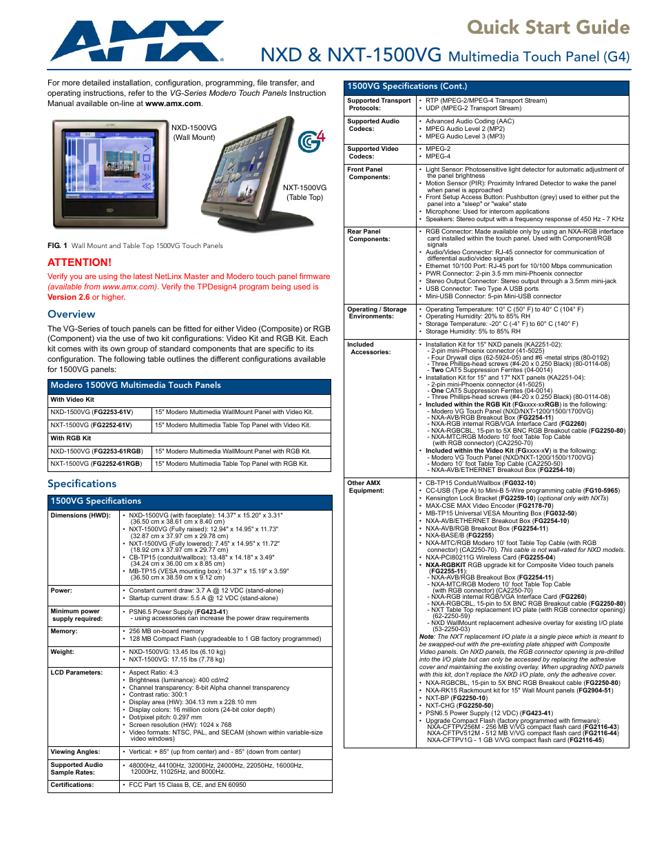 AMX Multimedia Touch Panel (G4) NXT/NXD-1500VG User Manual | 2 pages