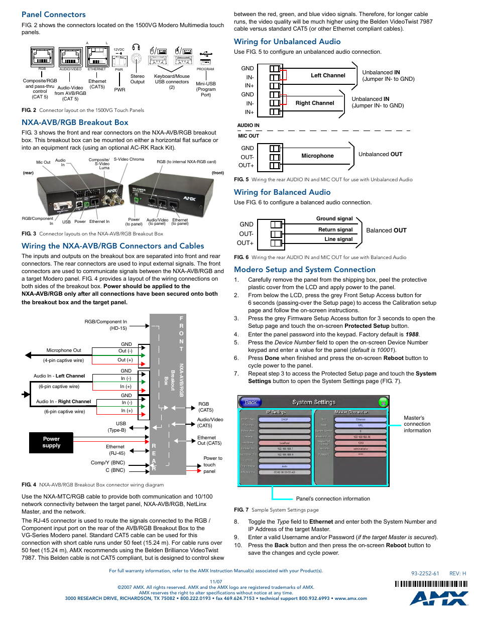 Panel connectors, Nxa-avb/rgb breakout box, Wiring the nxa-avb/rgb connectors and cables | Wiring for unbalanced audio, Wiring for balanced audio, Modero setup and system connection | AMX Multimedia Touch Panel (G4) NXT/NXD-1500VG User Manual | Page 2 / 2