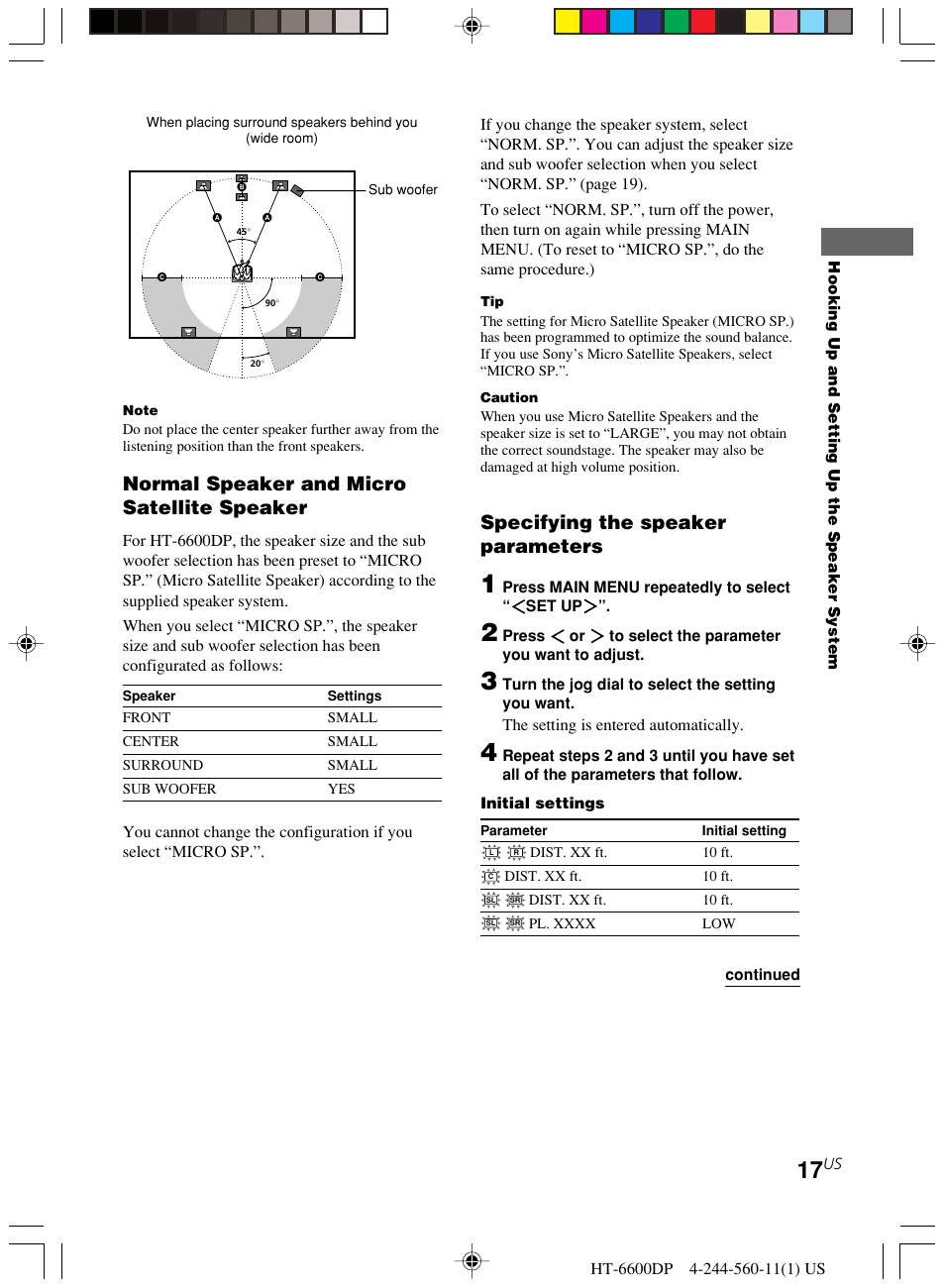 Normal speaker and micro satellite speaker, Specifying the speaker parameters | Sony HT-6600DP User Manual | Page 17 / 52