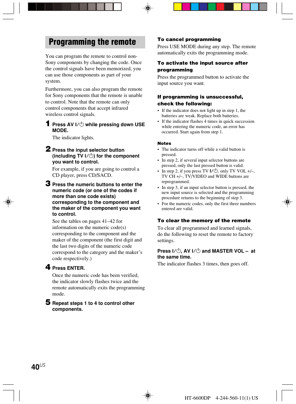 Programming the remote | Sony HT-6600DP User Manual | Page 40 / 52