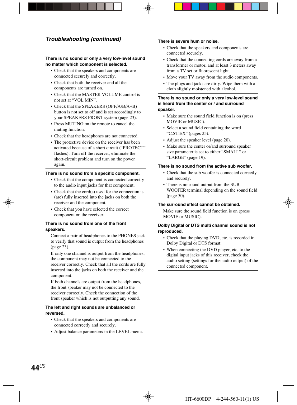 Troubleshooting (continued) | Sony HT-6600DP User Manual | Page 44 / 52