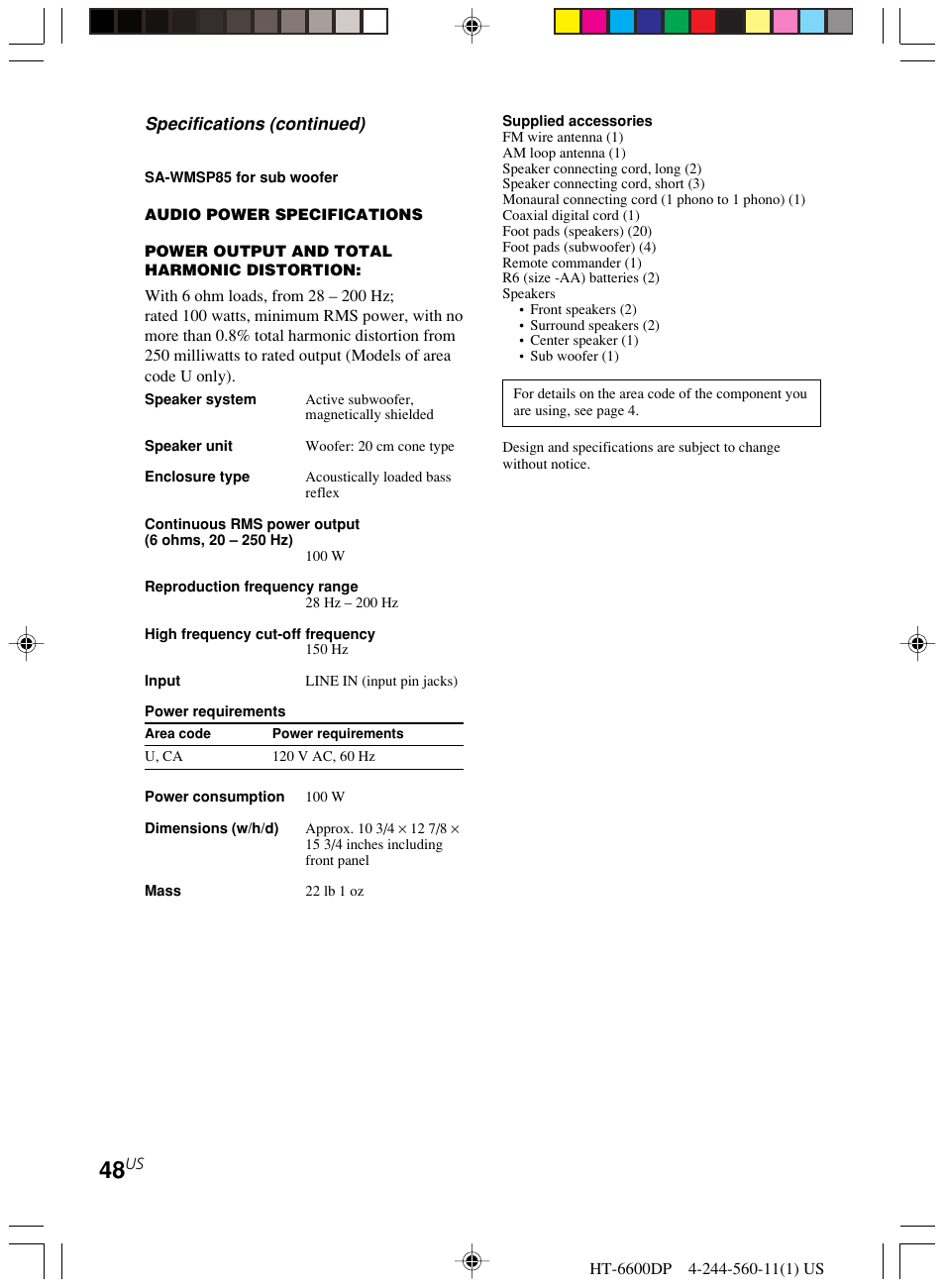 Specifications (continued) | Sony HT-6600DP User Manual | Page 48 / 52
