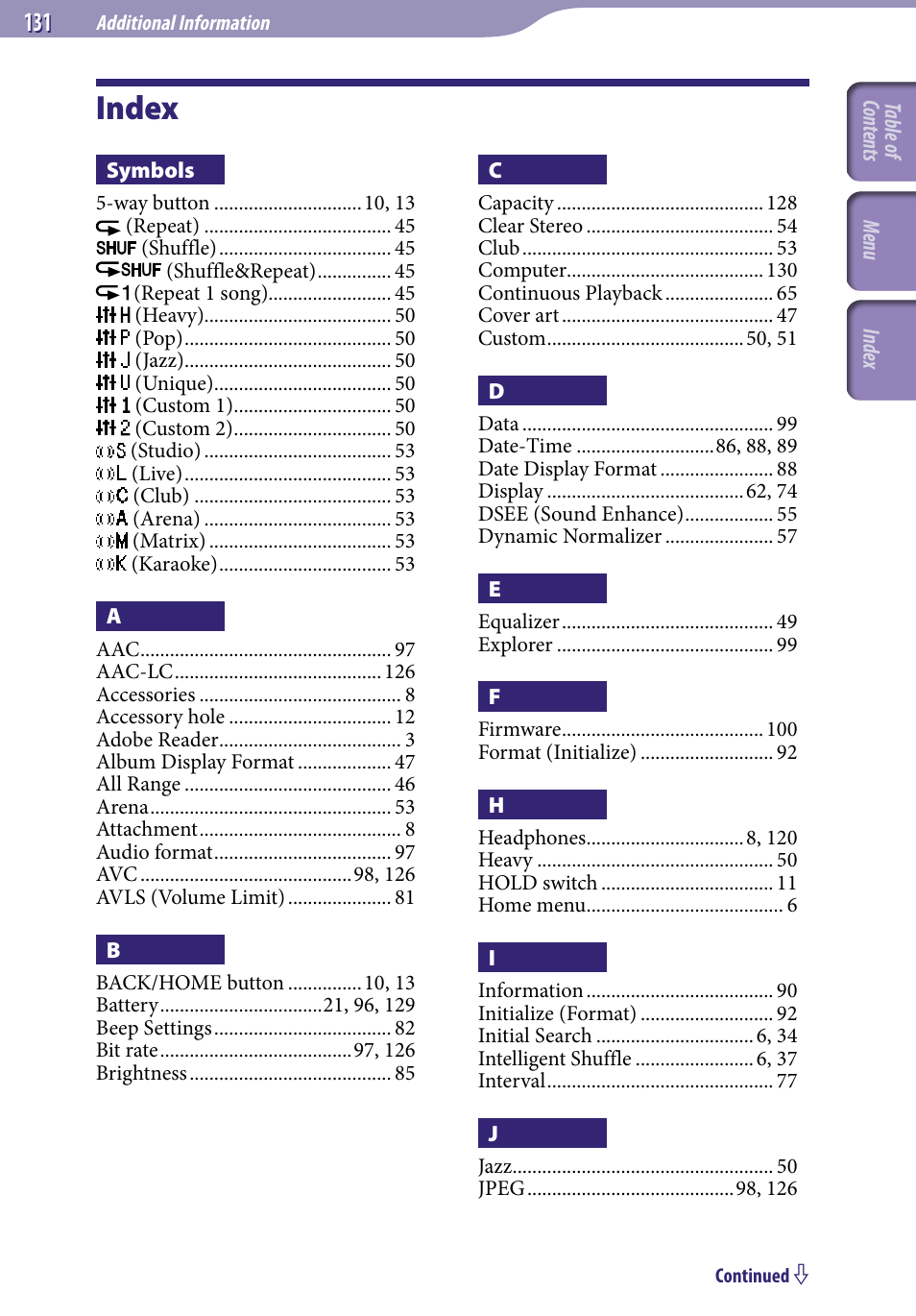 Index | Sony NWZ-A728KEYS User Manual | Page 131 / 133