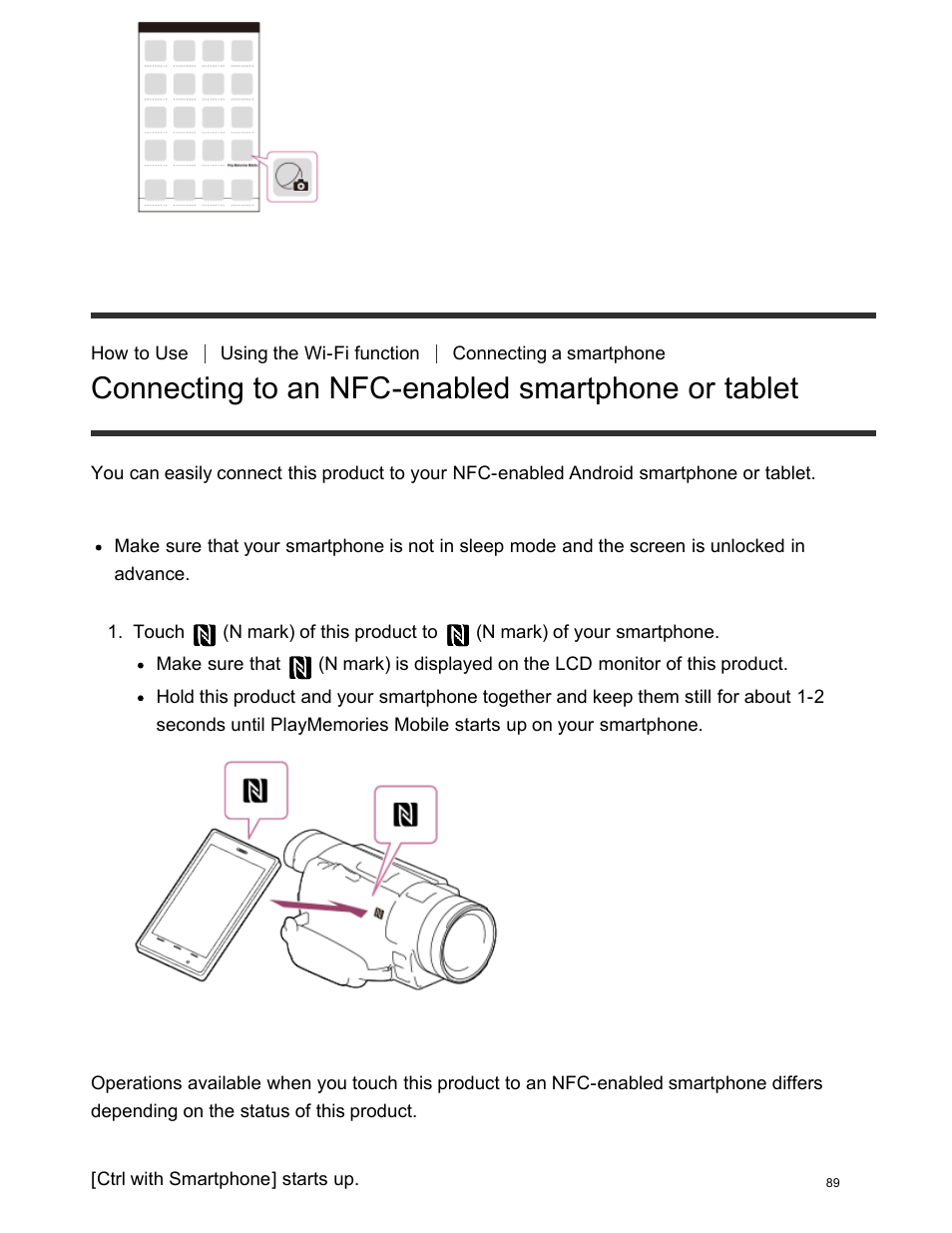Connecting to an nfc-enabled smartphone or tablet, What you can do with the nfc connection | Sony FDR-AX100 User Manual | Page 101 / 204