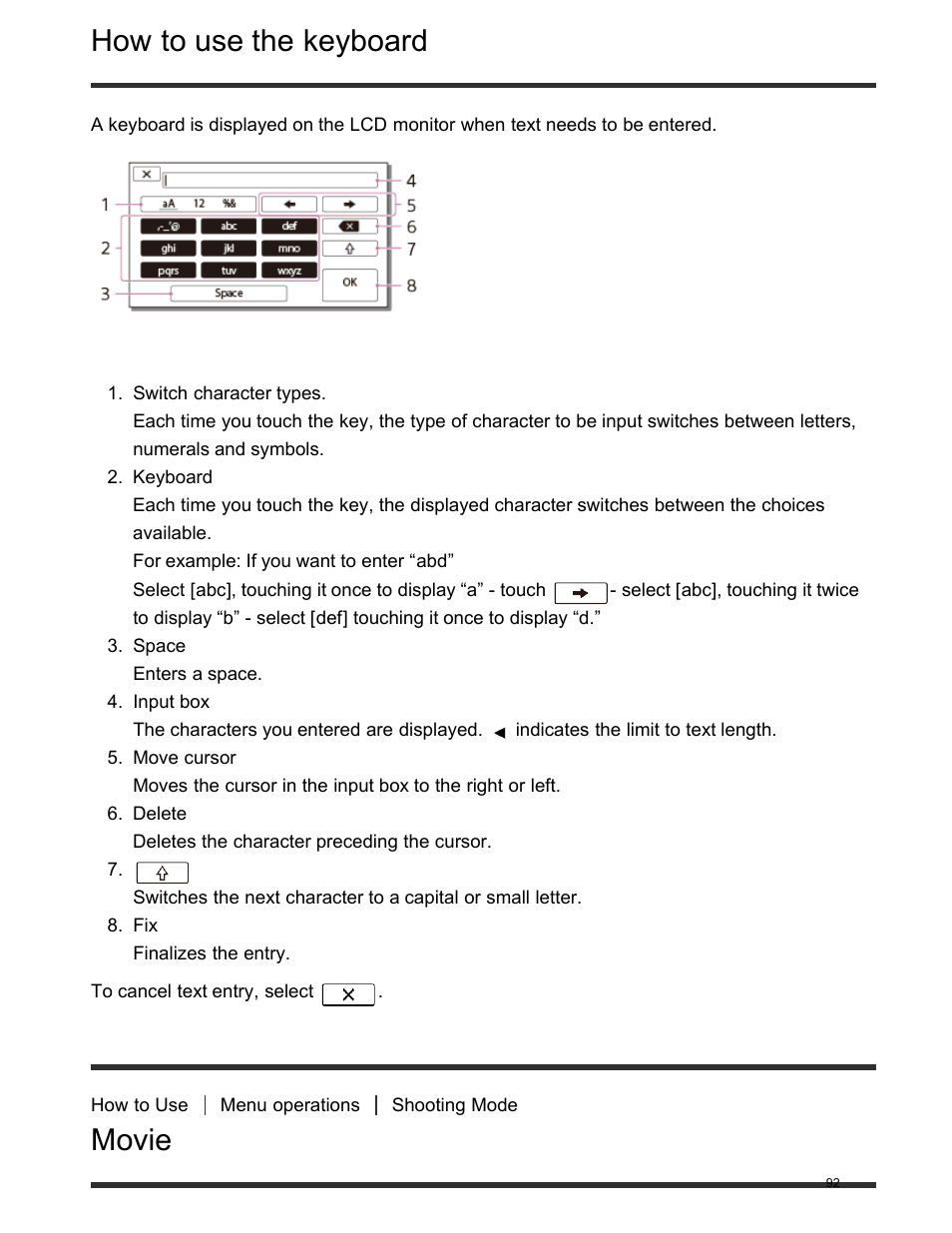 How to use the keyboard, Movie | Sony FDR-AX100 User Manual | Page 104 / 204