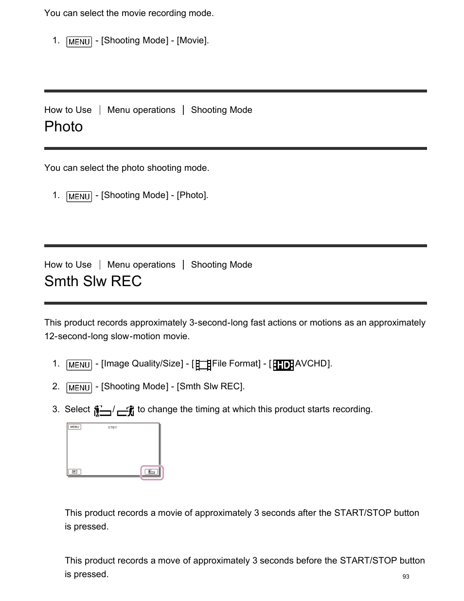 Photo, Smth slw rec | Sony FDR-AX100 User Manual | Page 105 / 204