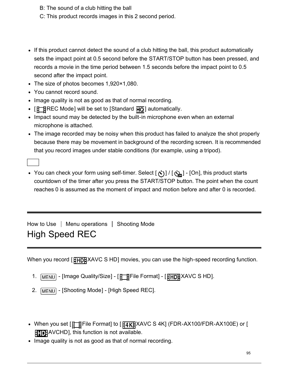 High speed rec, White balance | Sony FDR-AX100 User Manual | Page 107 / 204