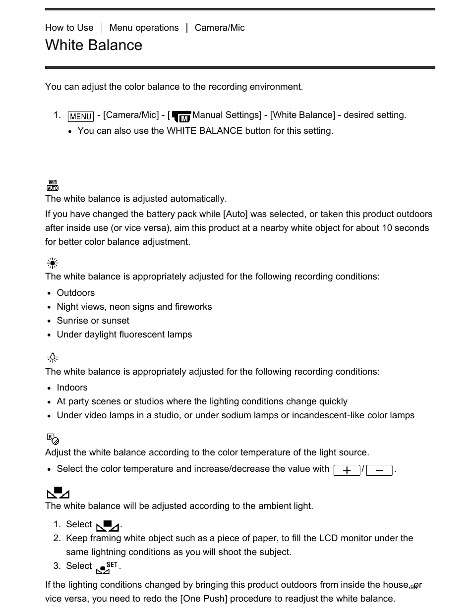 White balance, Descriptions of menu items | Sony FDR-AX100 User Manual | Page 108 / 204