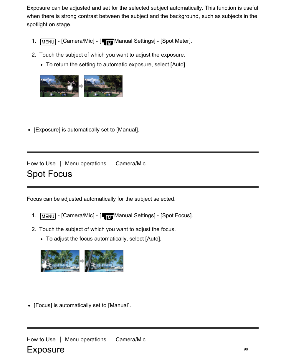 Spot focus, Exposure | Sony FDR-AX100 User Manual | Page 110 / 204