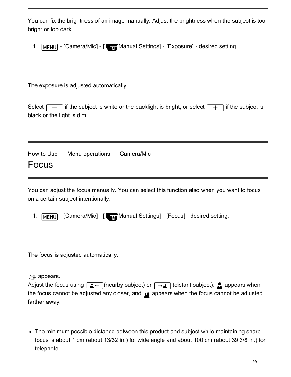 Focus, Descriptions of menu items | Sony FDR-AX100 User Manual | Page 111 / 204