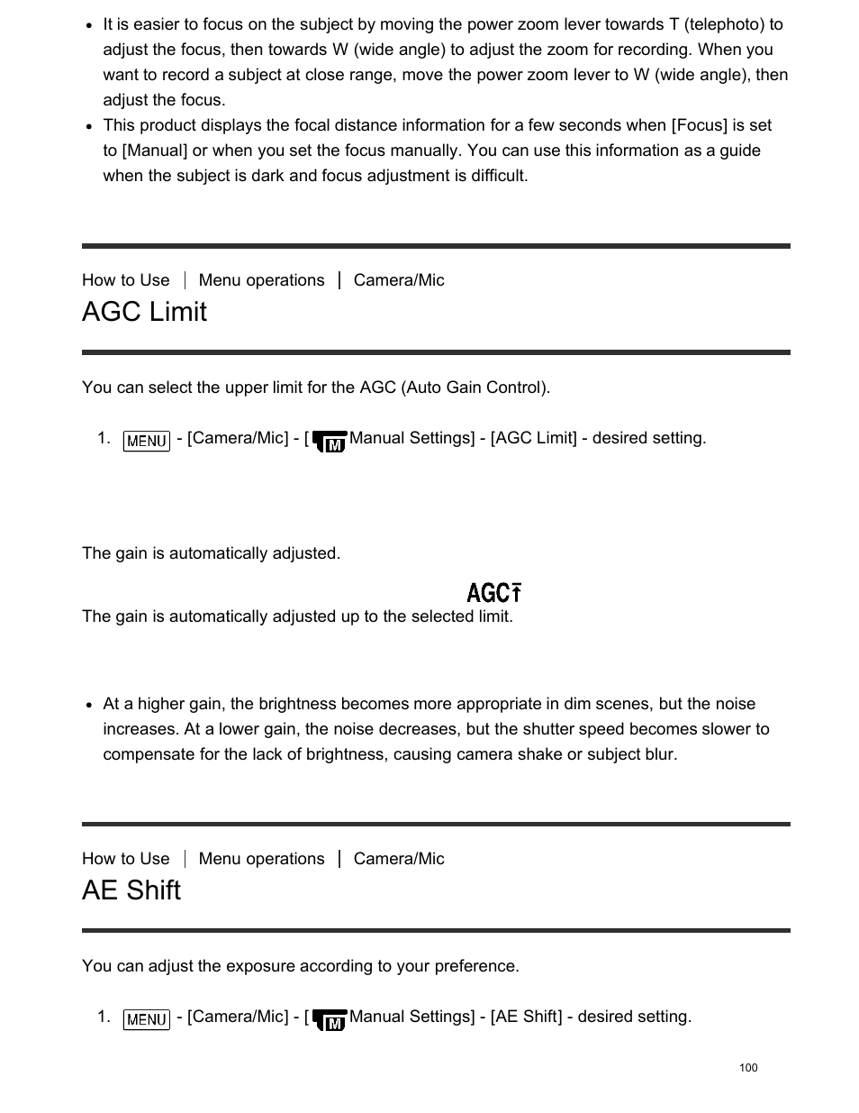 Agc limit, Ae shift | Sony FDR-AX100 User Manual | Page 112 / 204