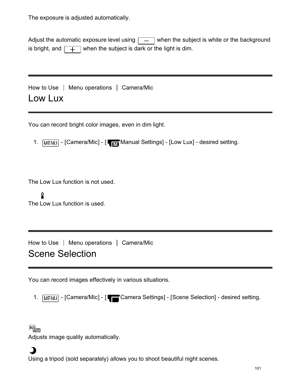 Low lux, Scene selection | Sony FDR-AX100 User Manual | Page 113 / 204