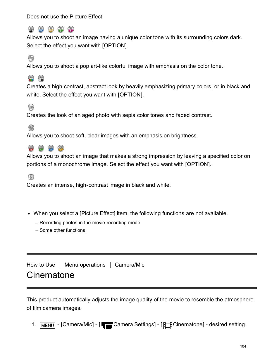 Cinematone, Descriptions of menu items | Sony FDR-AX100 User Manual | Page 116 / 204