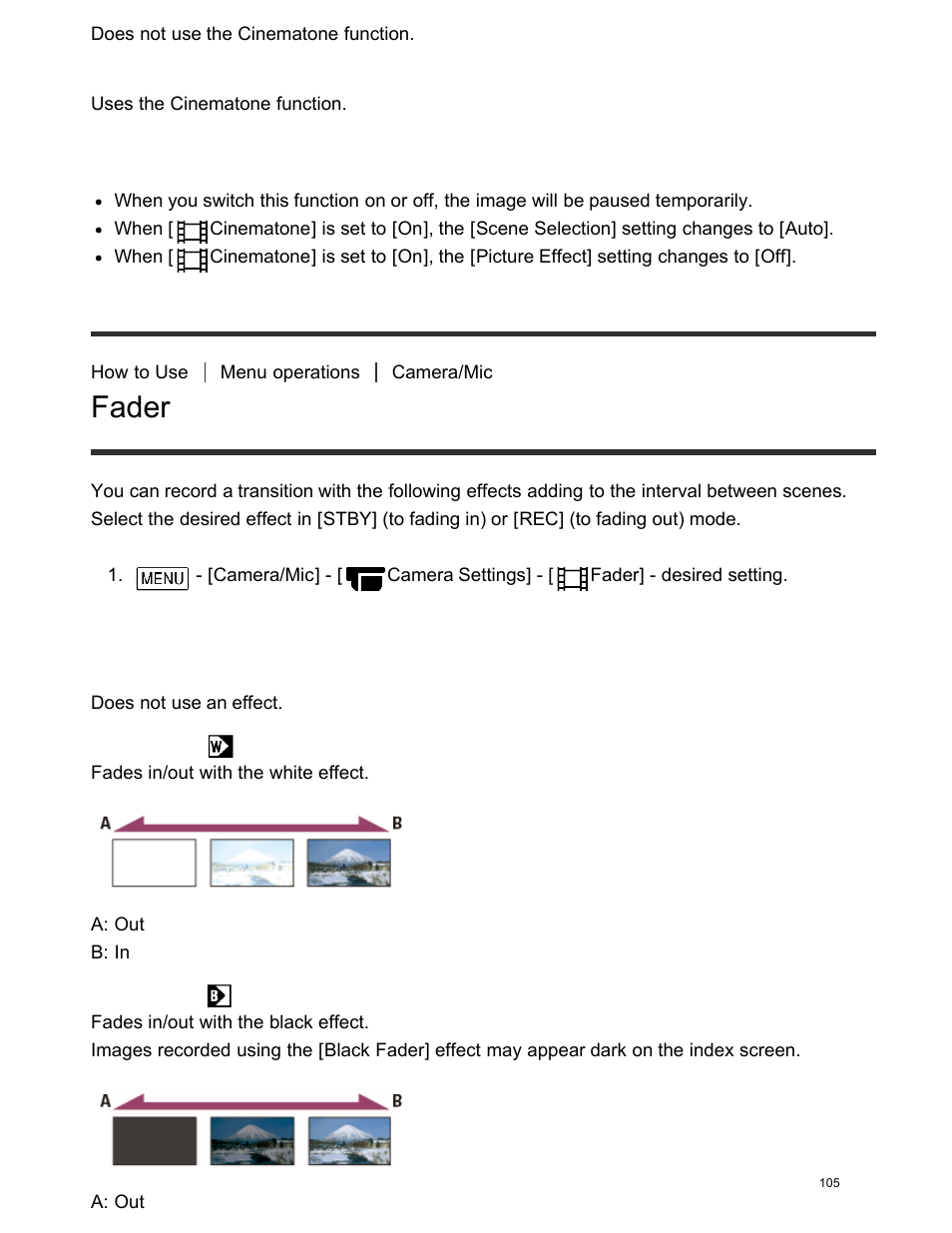 Fader, Descriptions of menu items | Sony FDR-AX100 User Manual | Page 117 / 204