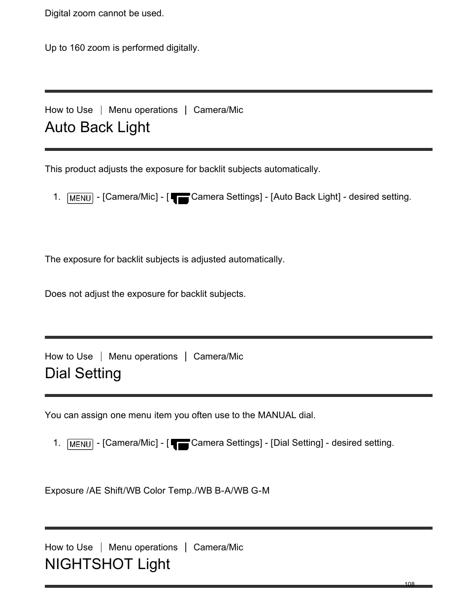 Auto back light, Dial setting, Nightshot light | Sony FDR-AX100 User Manual | Page 120 / 204