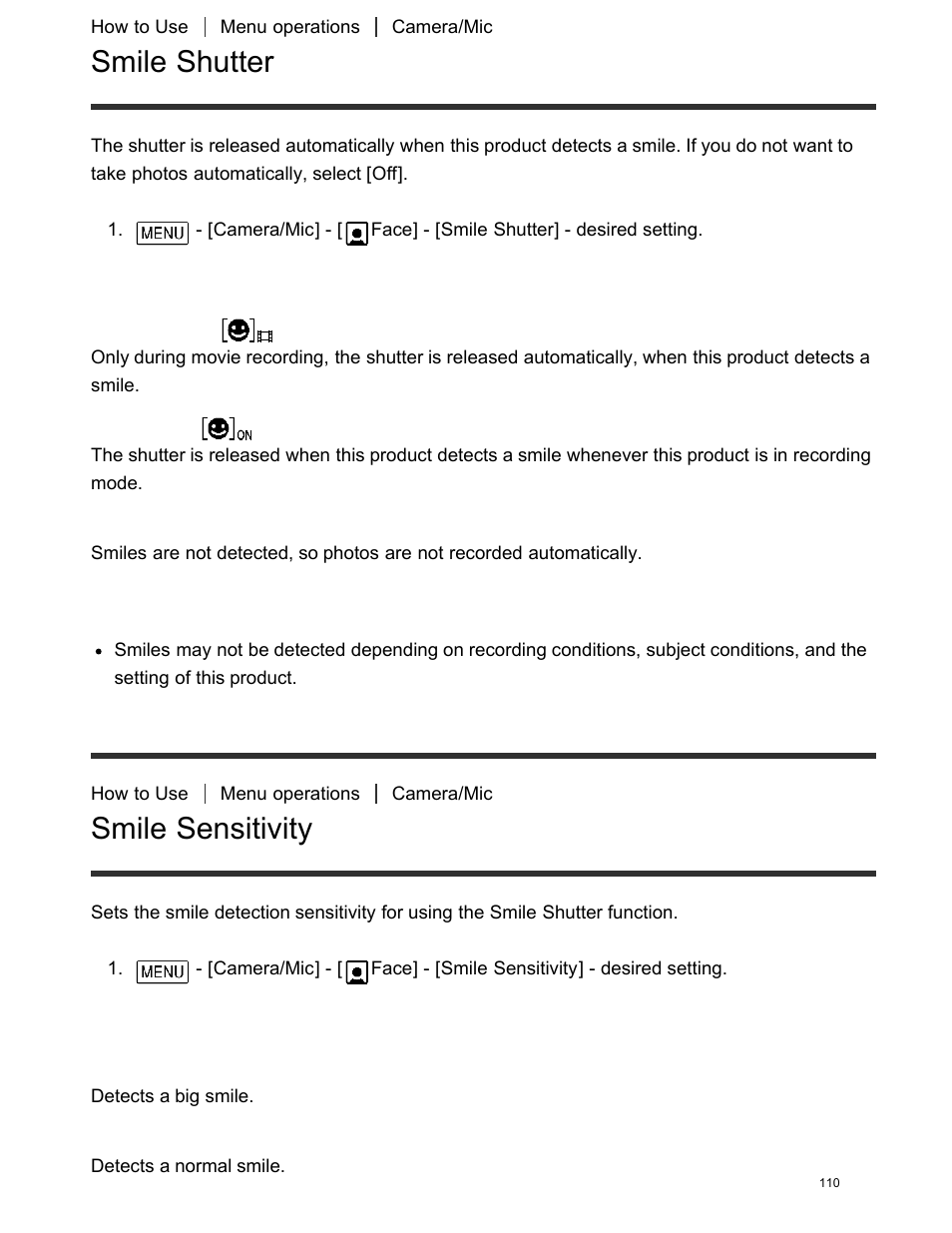 Smile shutter, Smile sensitivity | Sony FDR-AX100 User Manual | Page 122 / 204