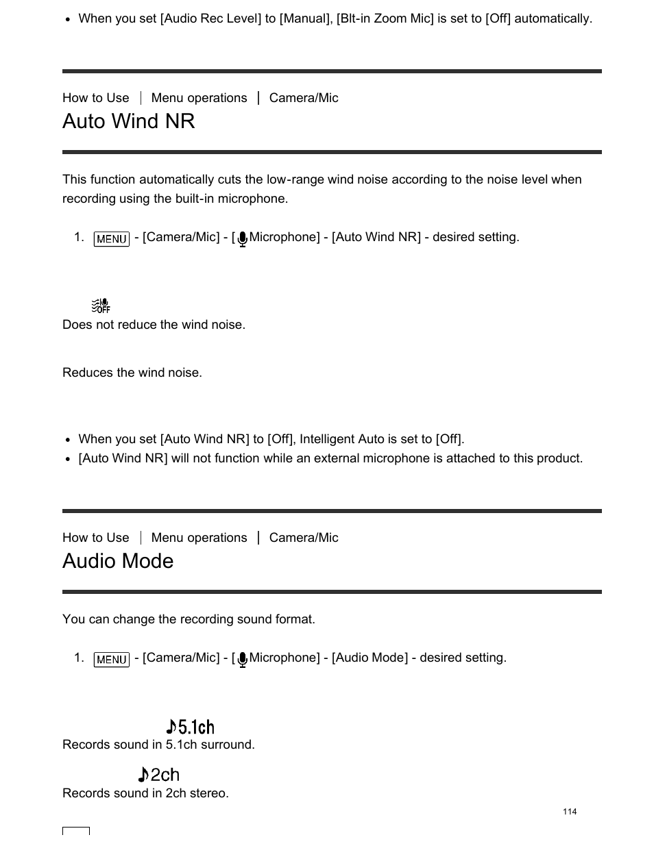 Auto wind nr, Audio mode | Sony FDR-AX100 User Manual | Page 126 / 204