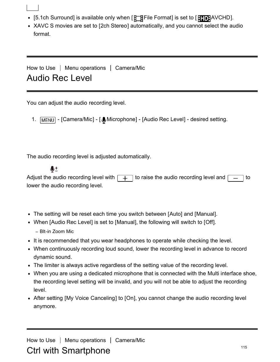 Audio rec level, Ctrl with smartphone, Descriptions of menu items | Sony FDR-AX100 User Manual | Page 127 / 204