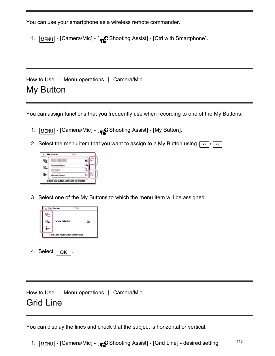 My button, Grid line | Sony FDR-AX100 User Manual | Page 128 / 204