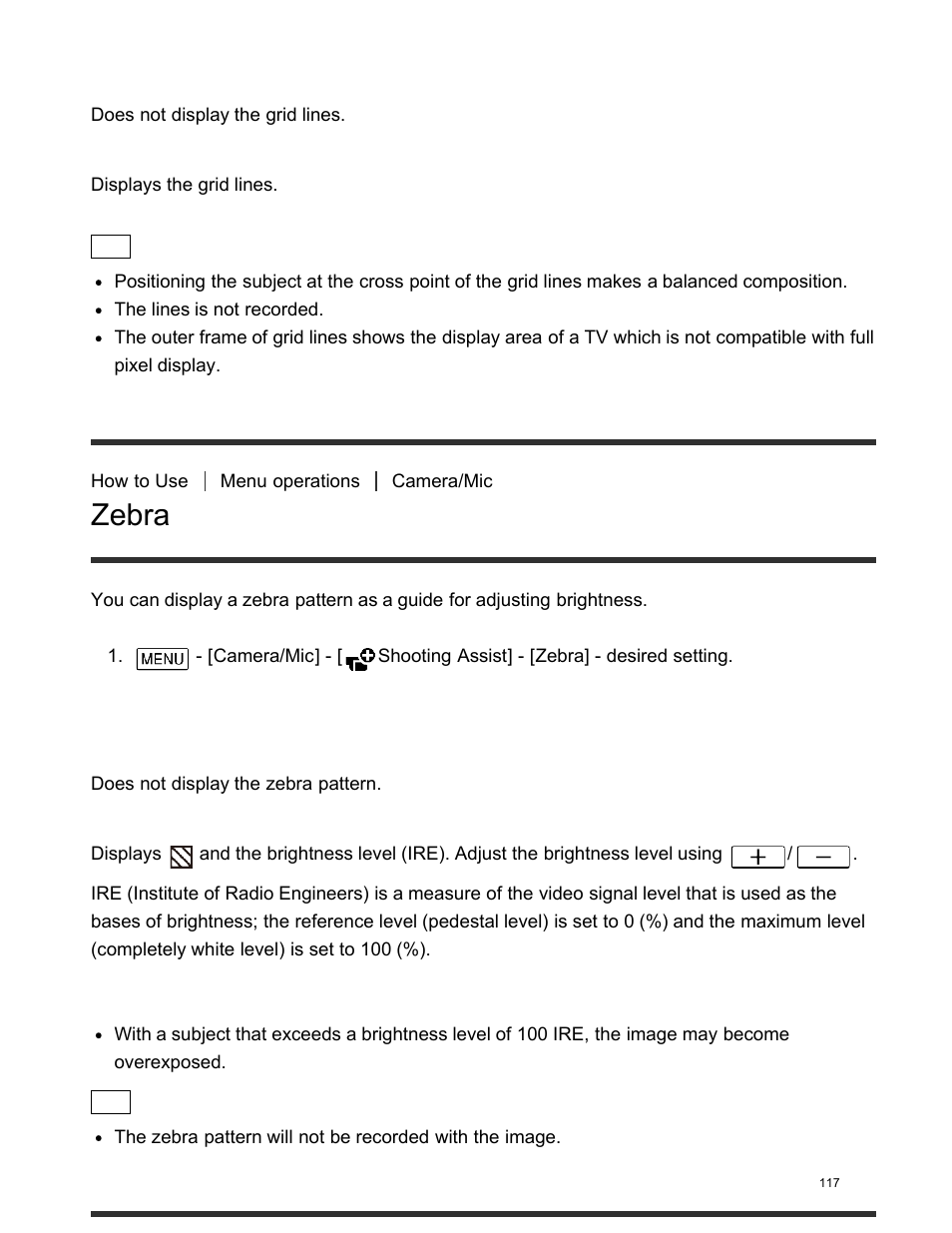 Zebra, Peaking, Descriptions of menu items | Sony FDR-AX100 User Manual | Page 129 / 204