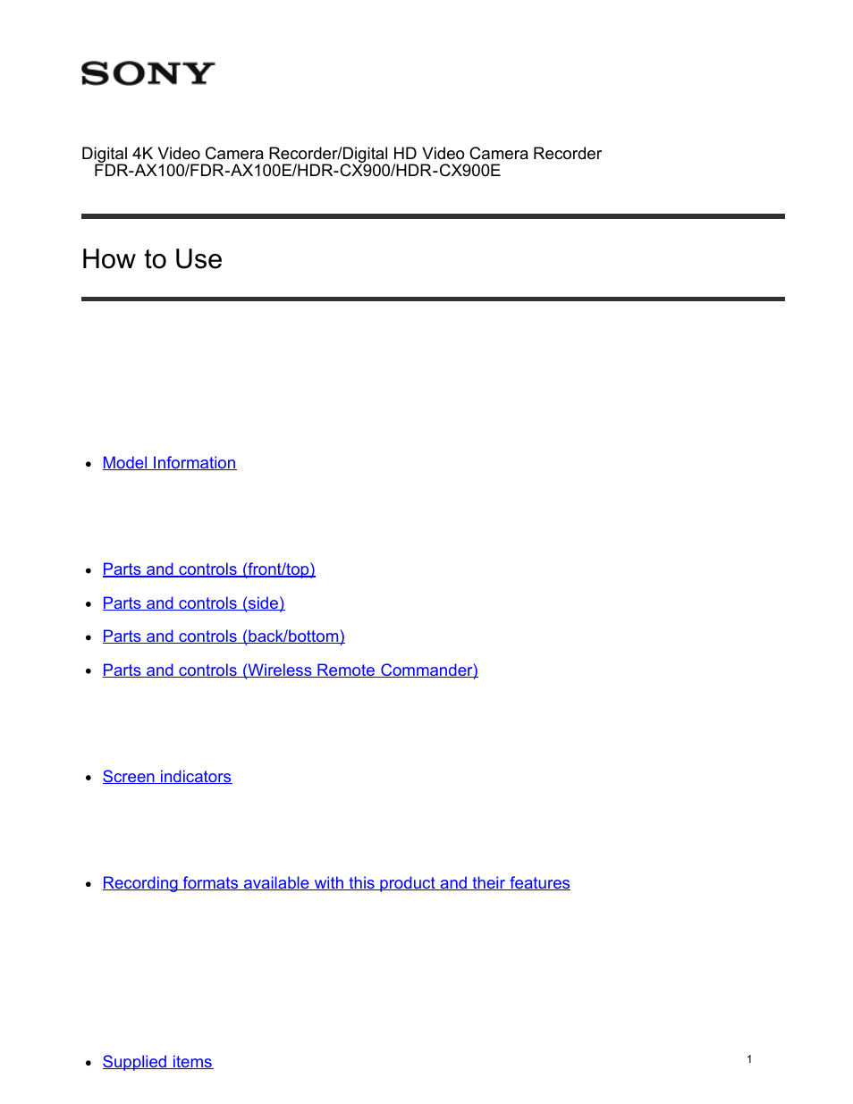 How to use, Before use, Parts and controls | Movie recording format, Getting started, Checking the supplied items | Sony FDR-AX100 User Manual | Page 13 / 204