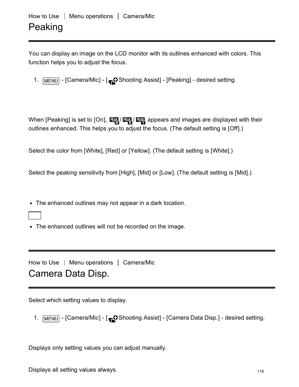 Peaking, Camera data disp, Descriptions of menu items | Sony FDR-AX100 User Manual | Page 130 / 204