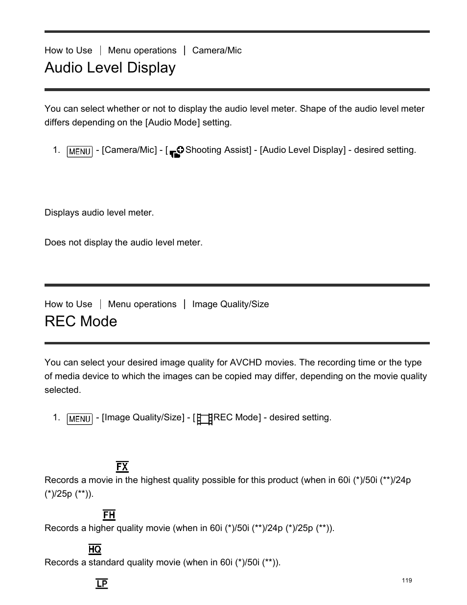 Audio level display, Rec mode | Sony FDR-AX100 User Manual | Page 131 / 204