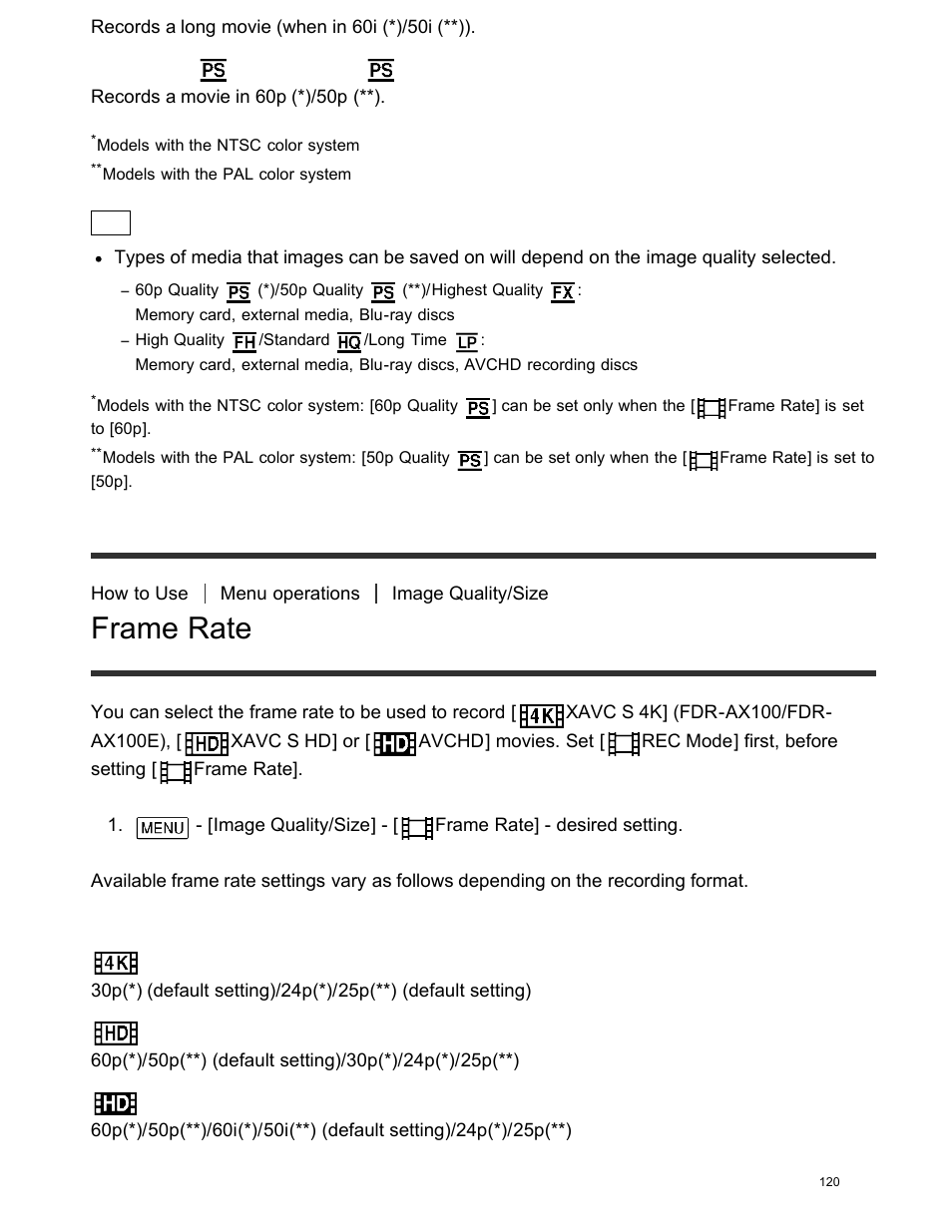 Frame rate, Available frame rate settings, Descriptions of menu items | Sony FDR-AX100 User Manual | Page 132 / 204