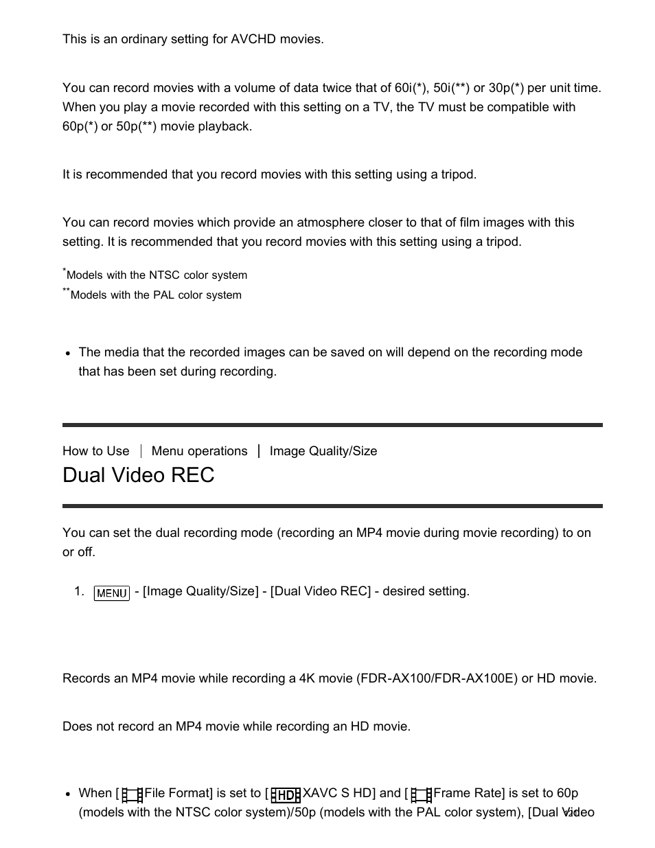 Dual video rec, Descriptions of menu items | Sony FDR-AX100 User Manual | Page 133 / 204