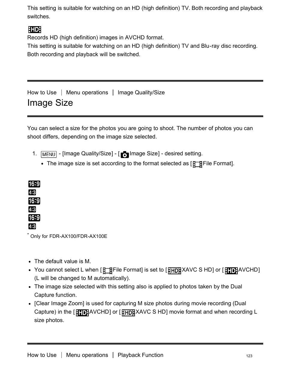 Image size, Event view | Sony FDR-AX100 User Manual | Page 135 / 204