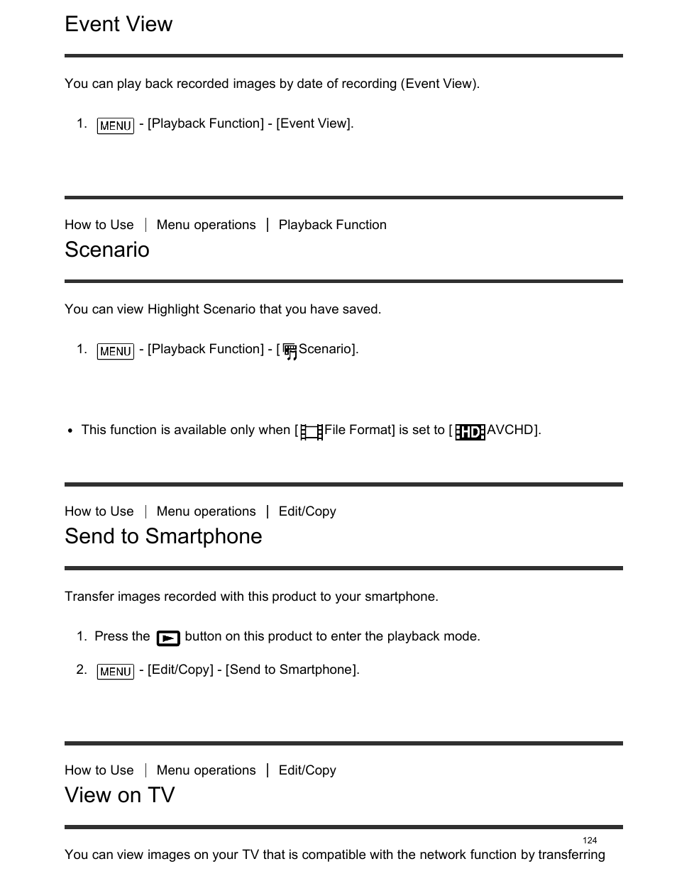 Event view, Scenario, Send to smartphone | View on tv | Sony FDR-AX100 User Manual | Page 136 / 204
